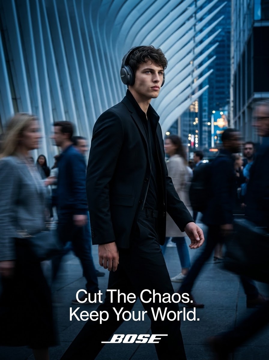 Bose spec campaign — man in headphones walking through a blurred New York crowd.