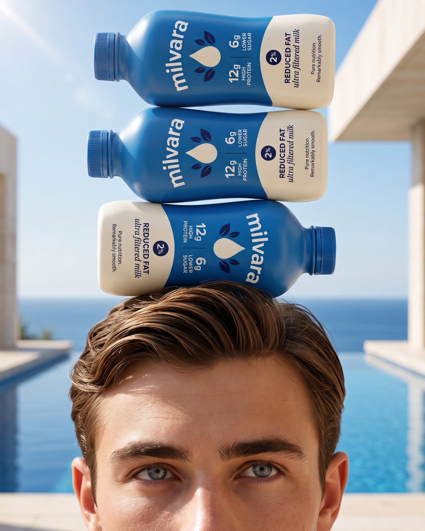 Milvara milk campaign — three bottles balanced on a man’s head by an infinity pool.