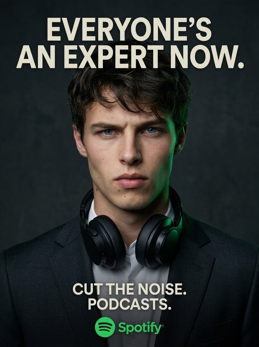 Spotify podcasts spec campaign — portrait with headphones and the headline ‘Everyone’s an expert now.’